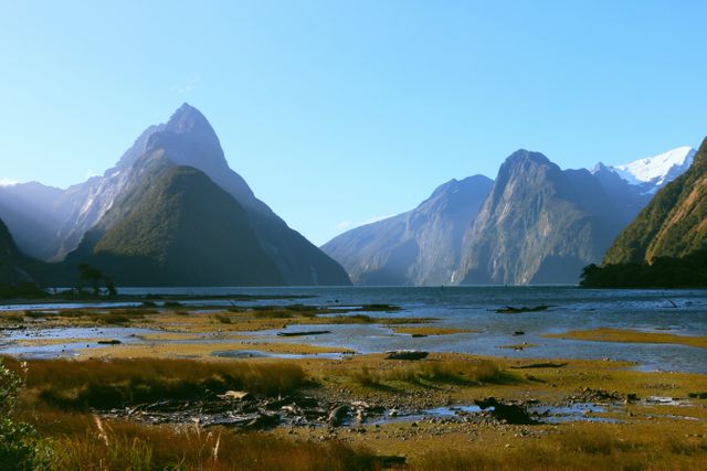 Scenic Milford Sound fjord in New Zealand captures majestic mountains and calm waters under clear skies. Ideal for use in travel promotions, nature photography collections, adventure tourism websites, and environmental awareness campaigns.