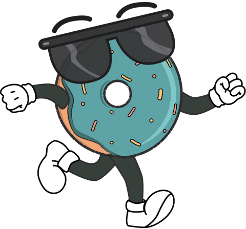Energetic doughnut mascot sprinting with sunglasses on transparent canvas