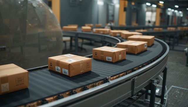 Curved conveyor belt carrying brown shipping boxes through automated warehouse sorting