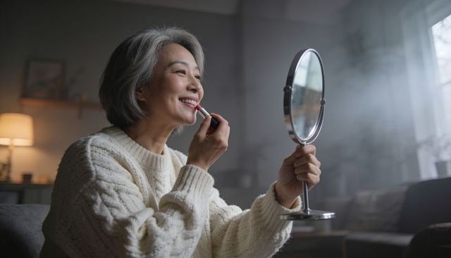 Senior asian woman applying lipstick while holding handheld mirror on living room sofa