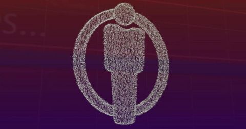 Wireframe humanoid icon forming from particle cloud with halo ring on futuristic UI