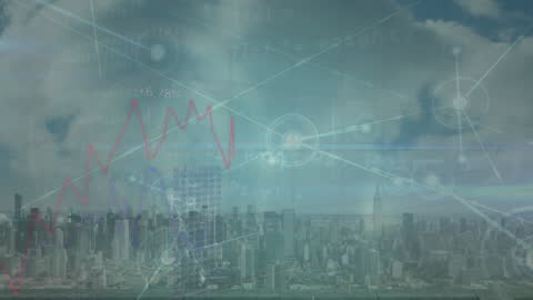 Futuristic City with Digital Networks and Data Graphics Overlay