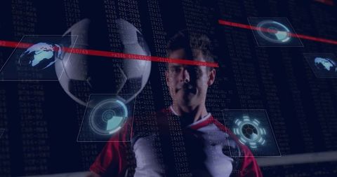 Soccer athlete balancing ball with futuristic holograms and data visualization