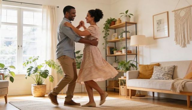 Couple dancing in sunlit cozy living room with plants and midcentury decor
