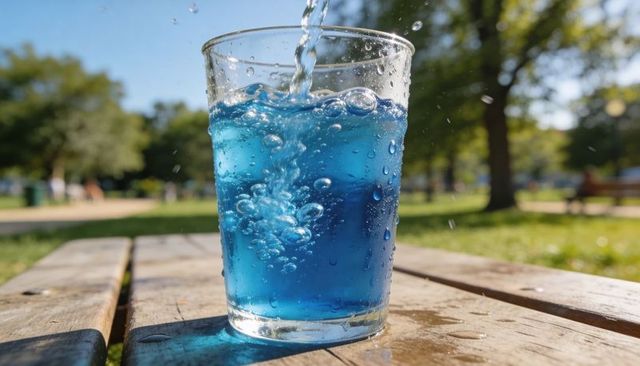Pouring azure beverage creating rising bubbles in clear glass on sunlit picnic table