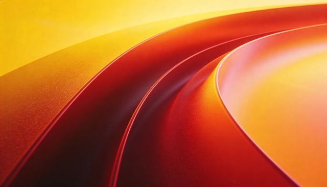 Curving glossy ribbons glowing in warm gradient with textured metallic grain and soft glow