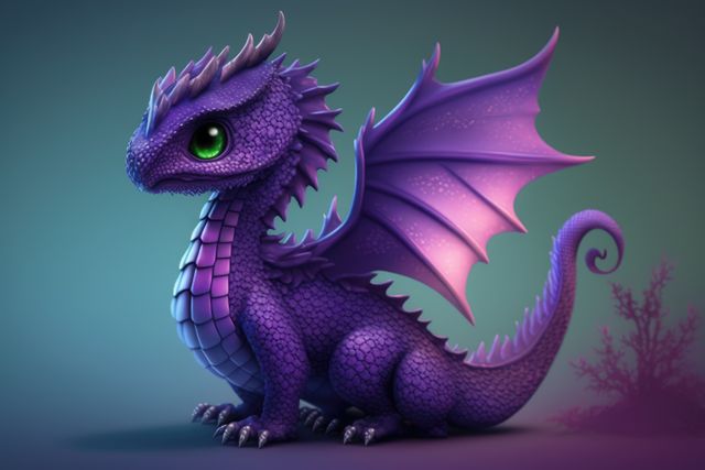 Image of cute blue dragon over purple background with plant, using generative ai technology. Dragon and fantasy concept.