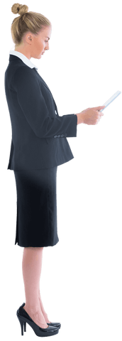 Transparent Businesswoman Analyzing Tablet Data in Profile View