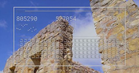 Sunlit ancient stone ruin blending with futuristic hud overlay showing data grids