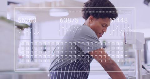 Digital Data Overlay with Shop Assistant Slicing Cheese - Download Free Stock Images Pikwizard.com