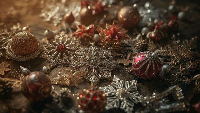 Sparkling christmas ornaments on rustic wood table