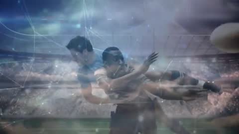Dynamic Rugby Scene with Futuristic Tech Overlay Showcasing Athletic Innovation