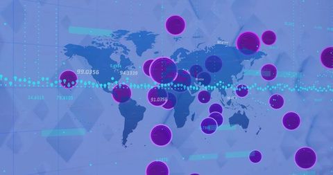 Futuristic global data visualization with purple markers and grid background
