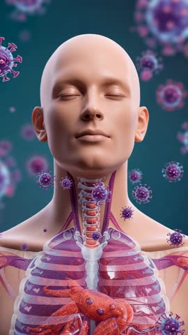 Drifting virus particles invading respiratory system in anatomical bust, medical animation
