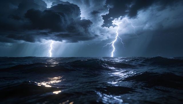 Nocturnal ocean storm with twin lightning strikes illuminating turbulent waves at night