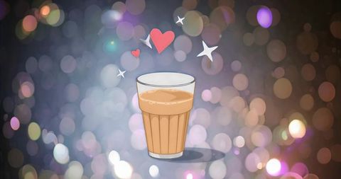 Festive milk tea glass floating hearts and stars on pastel bokeh background