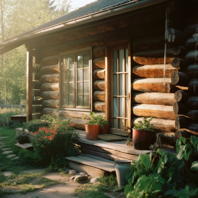 Log cabin entrance illuminated by morning sunshine, featuring wooden exterior and potted plants. Suitable for use in articles about rustic living, countryside retreats, sustainable housing, vacation getaways, and nature-inspired architecture.