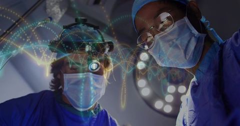 Surgeons operating with augmented reality overlay in high-tech surgical suite