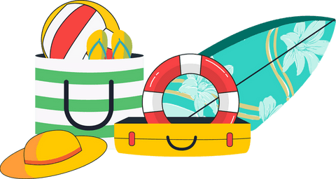 Colorful summer beach gear with transparent background and copy space