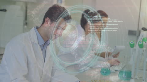 Scientists Analyzing Data with Futuristic Technology in Laboratory