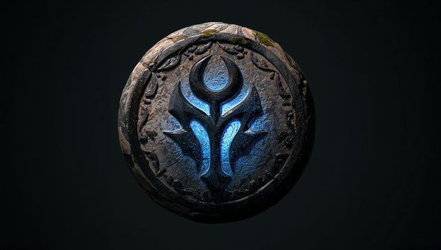 Floating Aged Stone Medallion with Glowing Blue Sigil, Carved Vine Rim and Patina Relic