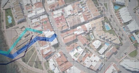 Aerial coastal neighborhood with red-tiled roofs, pools, promenade and transparent map overlay