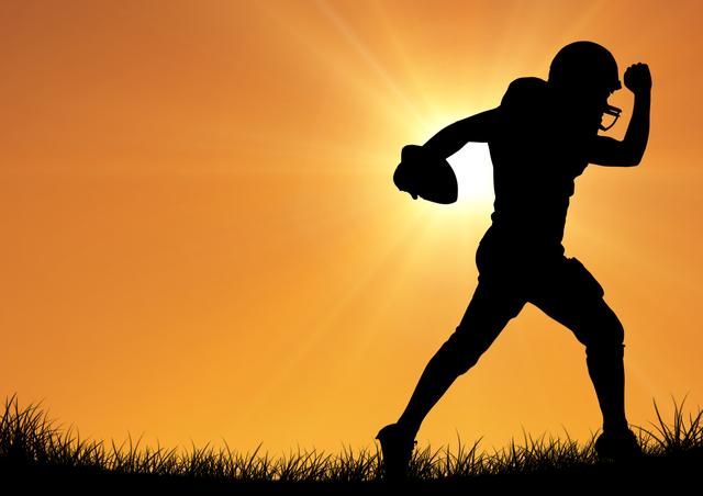 Silhouette of rugby player running with ball at sunset. Ideal for fitness, sports, and outdoor activities themes. Use in blogs, social media, promotional materials, and sports advertisements emphasizing determination and athleticism.