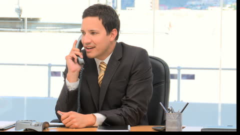 Smiling Businessman Talking on Office Phone in Modern Workspace