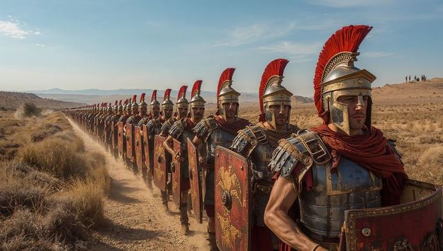 Roman legion marching across arid plain with plumed helmets and ornate scuta