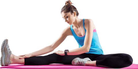 Transparent fitness enthusiast stretching on exercise mat