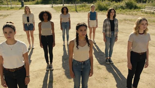Young women standing in formation on sunlit dirt field showing unity and determination