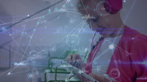 Caucasian Schoolgirl Engaging with Digital Tablet and Data Graphics