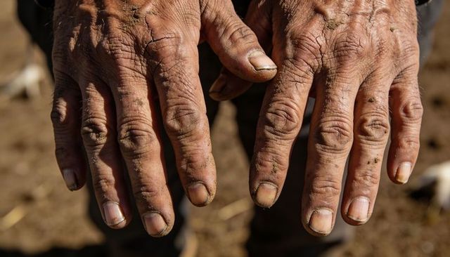Weathered farmer hands showing cracked skin dirt under nails calloused hardworking palms
