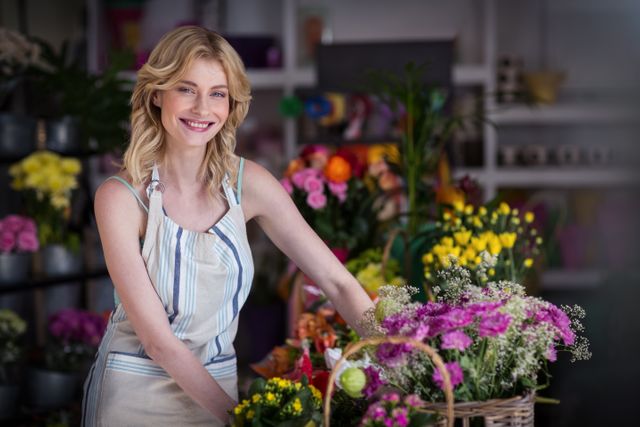 Portrait of happy female florist standing in flower shop