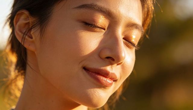 Basking in golden hour glow, closeup portrait of woman with gold eyeshadow