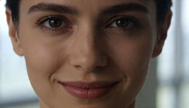 Holding eye contact showing slight smile framing brown eyes and natural complexion