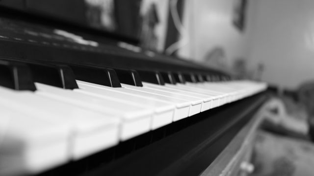 This close-up of piano keys in black and white captures the intricate details of the instrument. Ideal for use in music-themed publications, blogs, and websites, as well as for educational materials and art projects focused on musical instruments, creativity, or classical music.