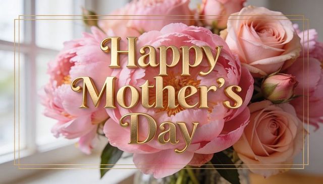 Elegant pink peony and blush rose bouquet with gold happy mother's day text on windowsill
