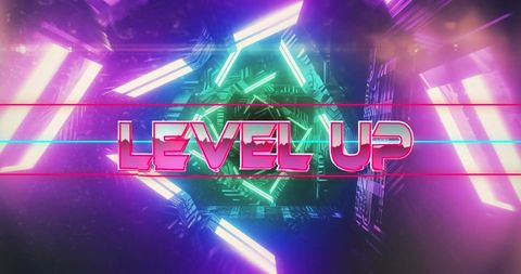 Neon level up text in futuristic digital tunnel