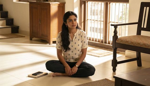 Young woman sitting cross-legged on sunlit floor, calmly contemplating by wooden slatted doors