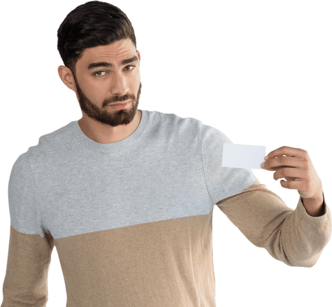 young man holding transparent blank card confidently - Download Free Stock Videos Pikwizard.com