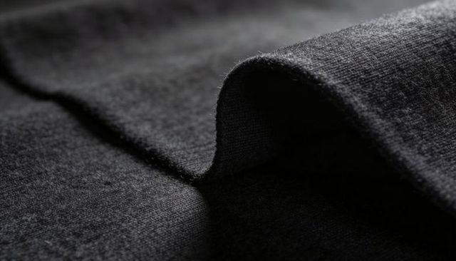 Dark charcoal knit fabric showing rolled fold and textured fiber nap in dramatic lighting