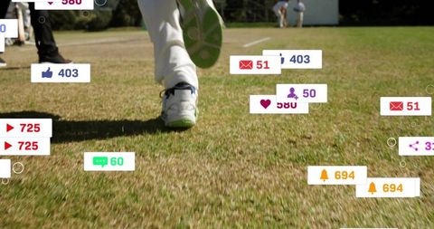 Cricket player stepping on grass with floating social media notifications and engagement badges