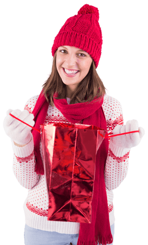 Cheerful Woman Holding Transparent Gift Bag in Festive Outfit
