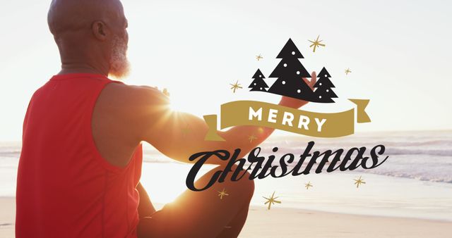 Image of merry christmas text over senior african american man at beach. Christmas, tradition and celebration concept digitally generated image.