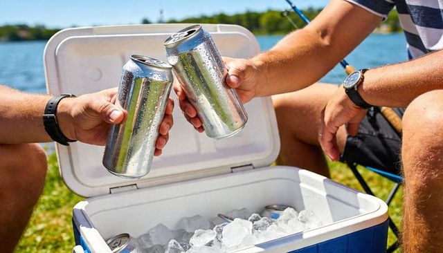 Friends clinking cold cans by lakeside cooler during summer fishing trip