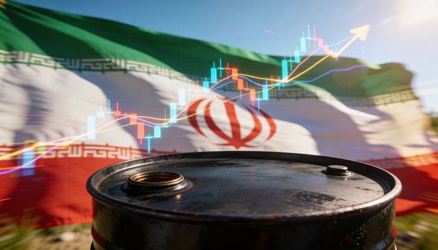 Iranian oil barrel with flag waving and rising candlestick chart signaling market surge