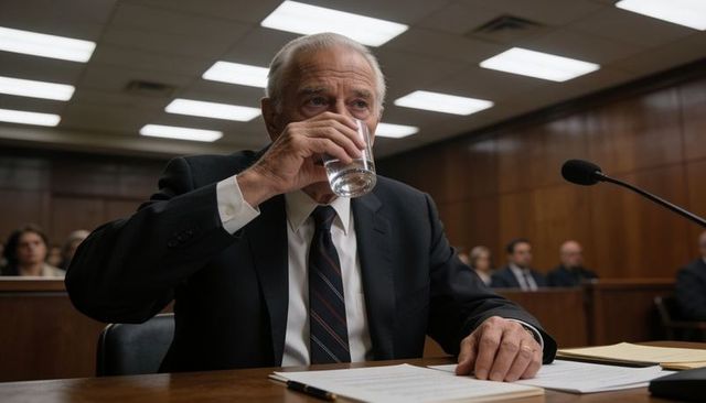 Senior attorney drinking water while testifying at court hearing with documents and microphone