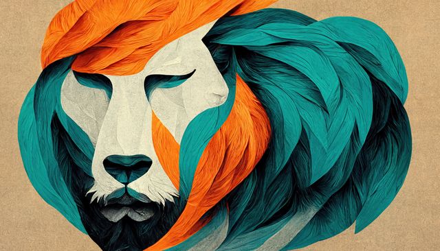 Vibrant abstract illustration of a lion's face, composed of colorful feathers in shades of teal and orange. Suitable for contemporary art projects, desktop wallpapers, poster designs, and graphic design inspiration.