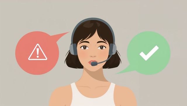 Woman customer support agent wearing headset and microphone with alert and checkmark bubbles
